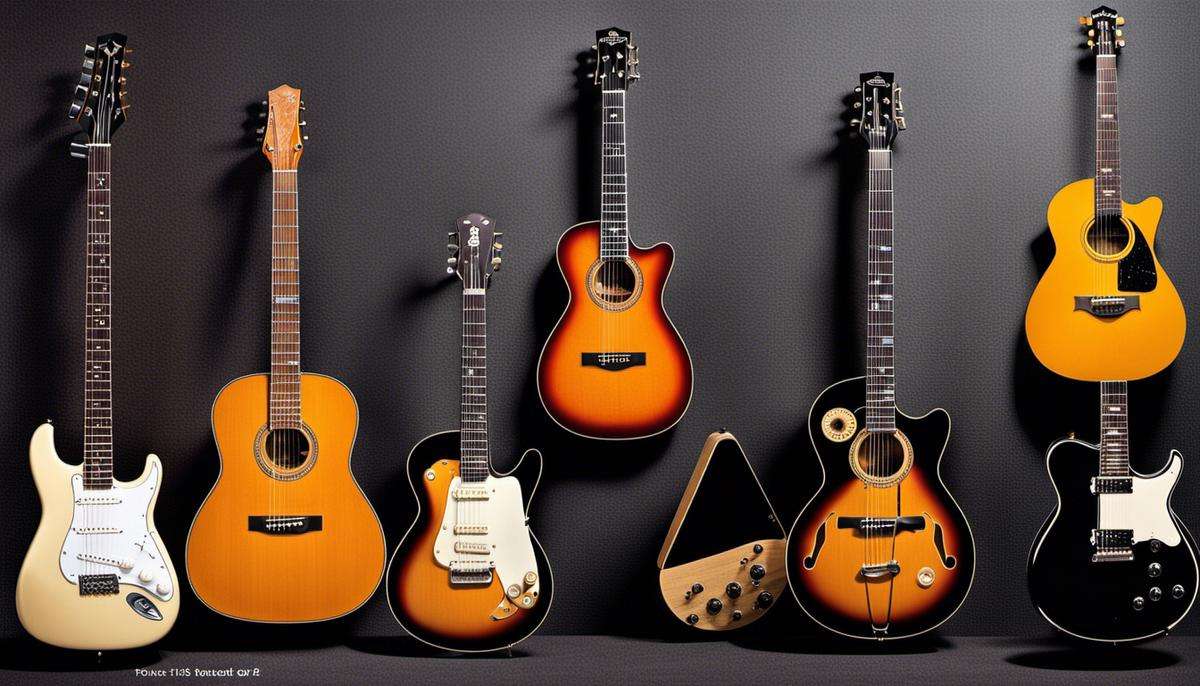 Image: The image depicts the evolution of guitar playing with various guitar models from early acoustic guitar to modern electric guitar, showcasing the influence of technology on the instrument.