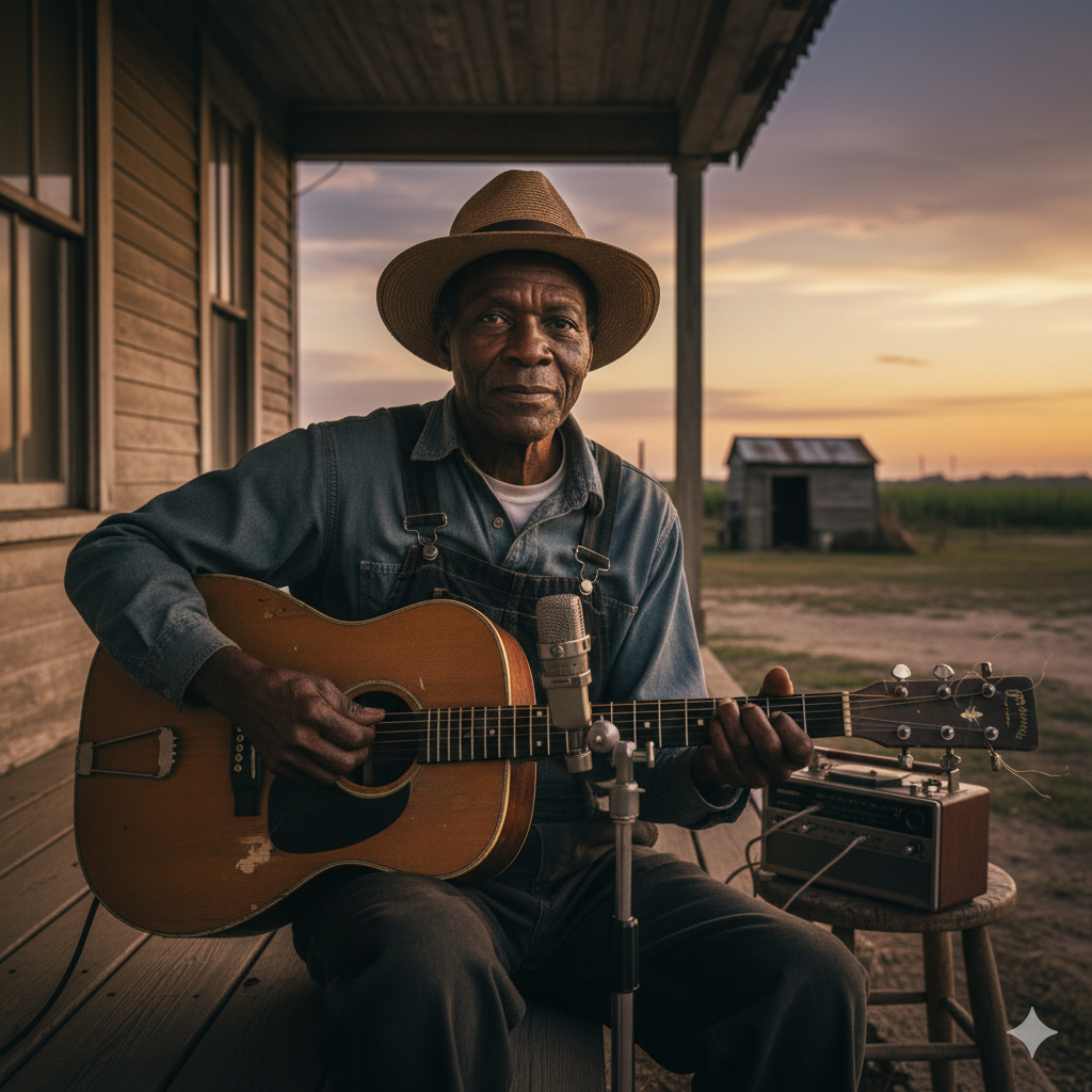 Clyde Maxwell-style blues musician sitting on a rural Mississippi porch at sunset, recording a traditional acoustic performance