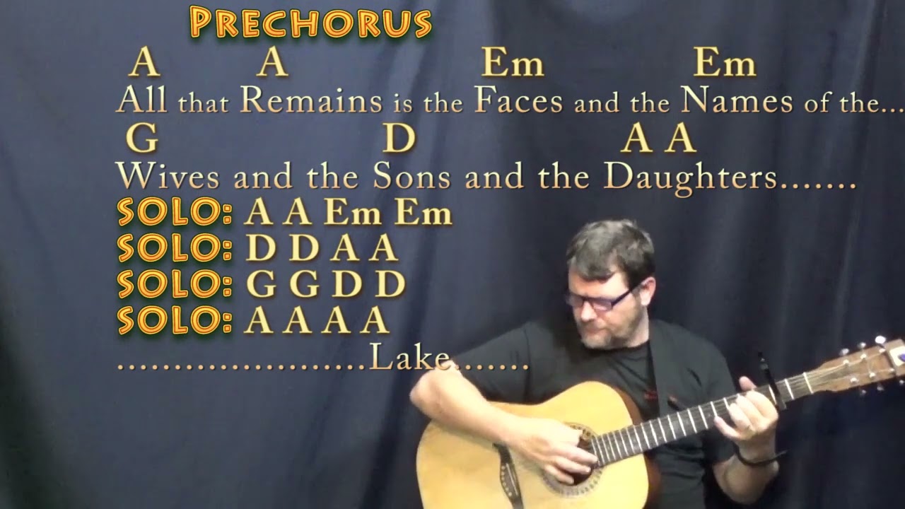 A man plays acoustic guitar beneath overlaid lyrics and guitar chord progressions for a prechorus and solo